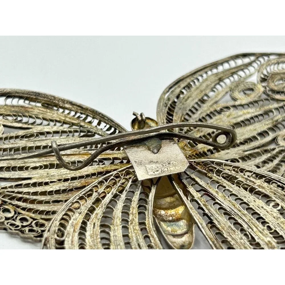 Vintage Mexican Silver Filigree Butterfly Brooch Pin - Picture 7 of 9